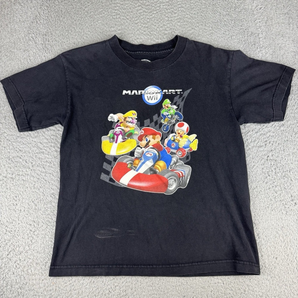 Mario Kart‎ Wii T Shirt Boys 14/16 Black Faded Youth Nintendo Y2K Promo Worn